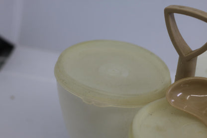 VINTAGE TUPPERWARE #757 CONDIMENT CADDY W/HANDLE, CUPS, SPOON & LIDS - ALMOND
