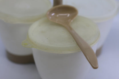 VINTAGE TUPPERWARE #757 CONDIMENT CADDY W/HANDLE, CUPS, SPOON & LIDS - ALMOND