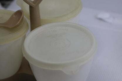 VINTAGE TUPPERWARE #757 CONDIMENT CADDY W/HANDLE, CUPS, SPOON & LIDS - ALMOND