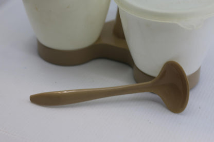 VINTAGE TUPPERWARE #757 CONDIMENT CADDY W/HANDLE, CUPS, SPOON & LIDS - ALMOND