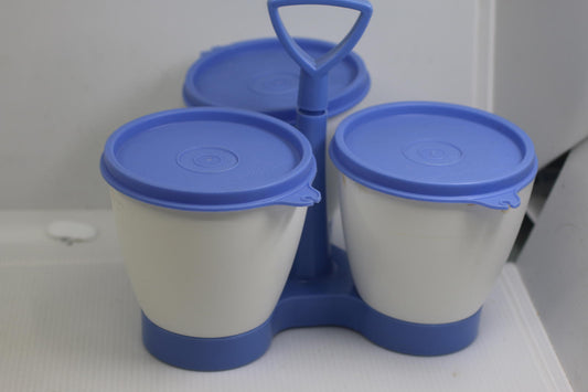 Tupperware Essentials Blue & White Serving Caddy with Condiment sauce Bowls Set