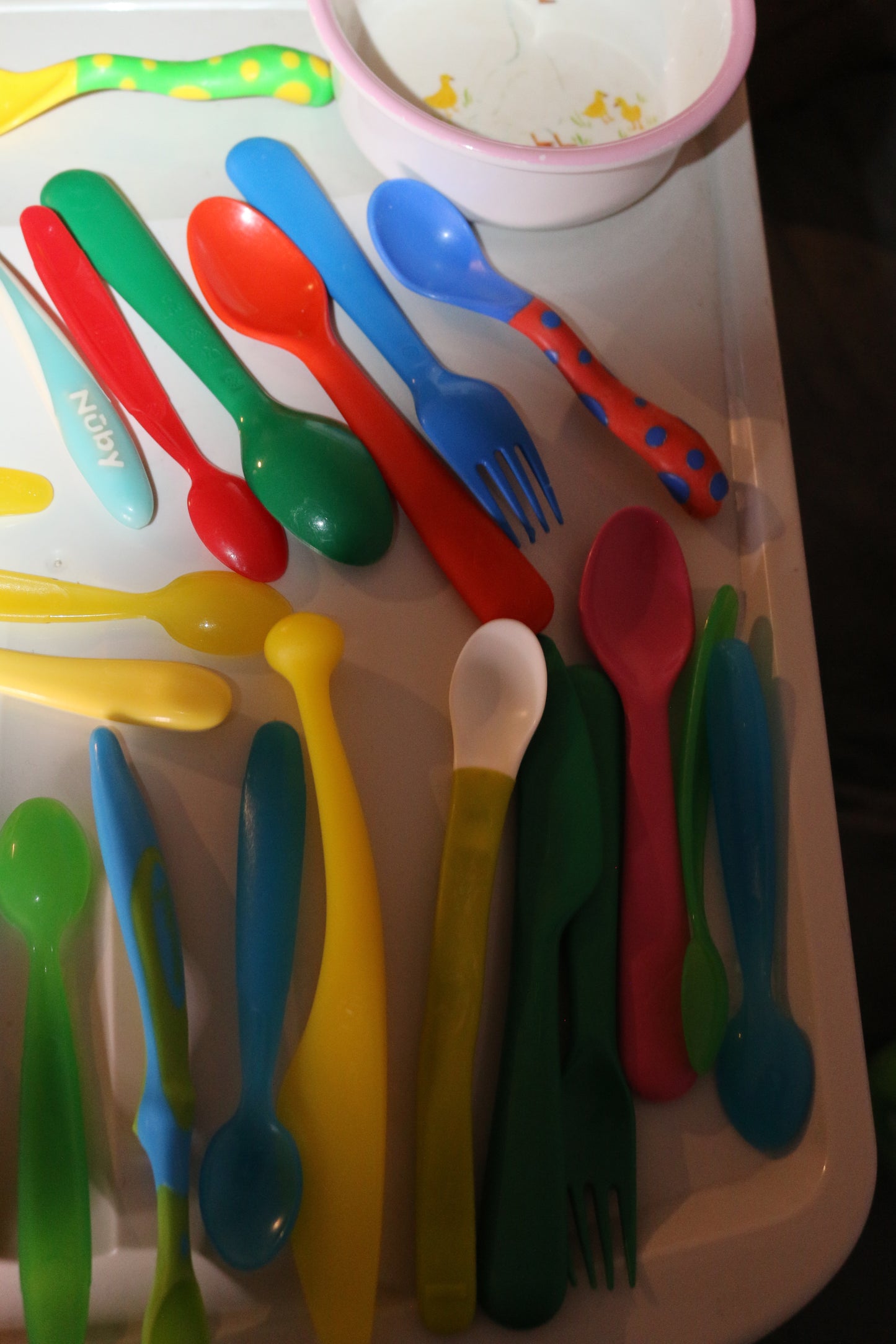 Cutlery huge lot mixed Knives,Forks, Spoons Blue, Green toys for kids & 1 bowl