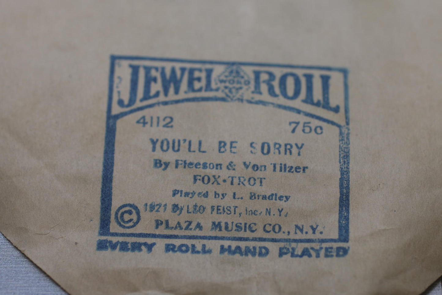 Vintage Jewel Roll 4112 You’ll Be Sorry Fox Trot 1921 Player Piano Roll w Box