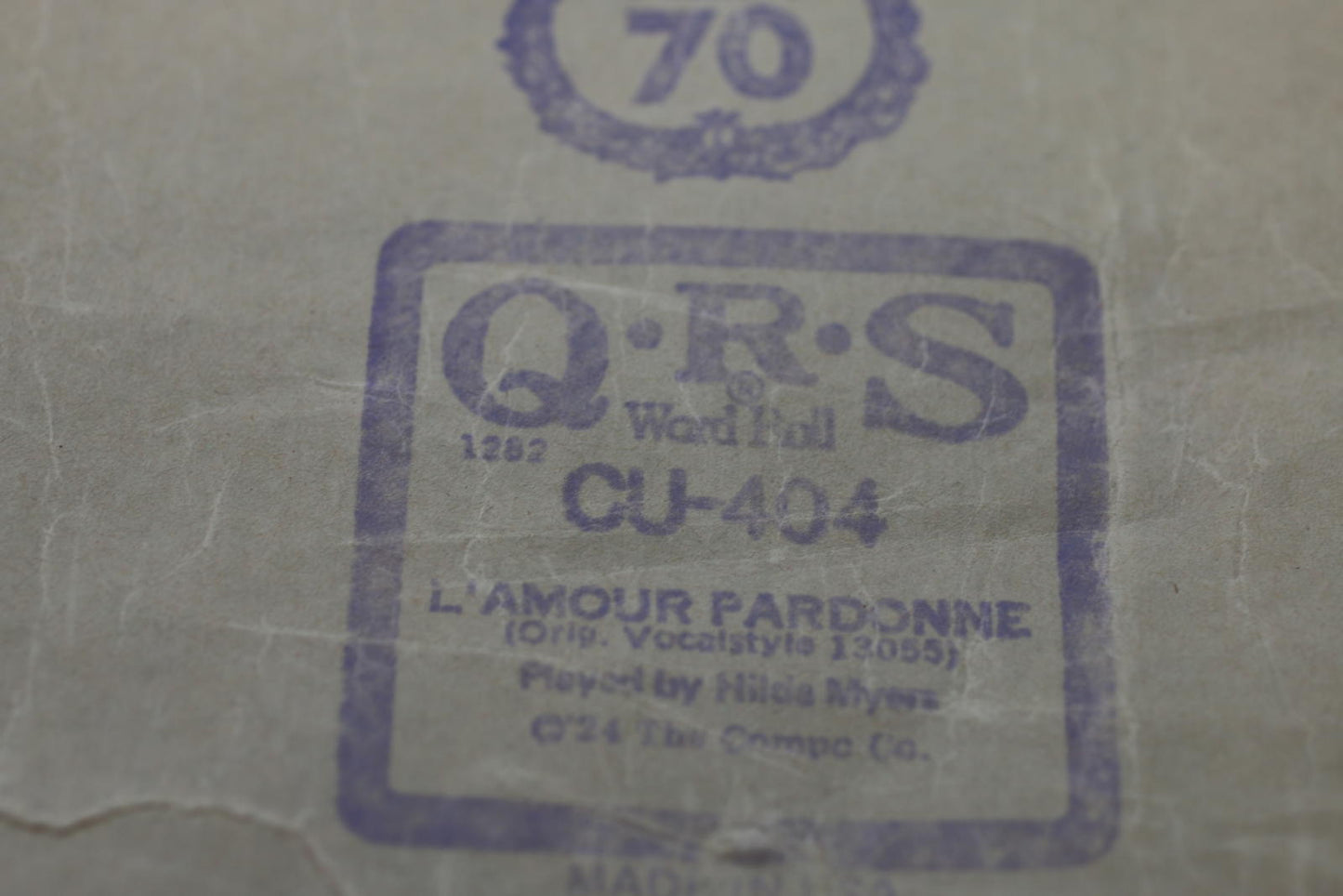 Vintage QRS Word Roll CU-404 L'Amour Pardonne Player Piano Roll Hilda Myers