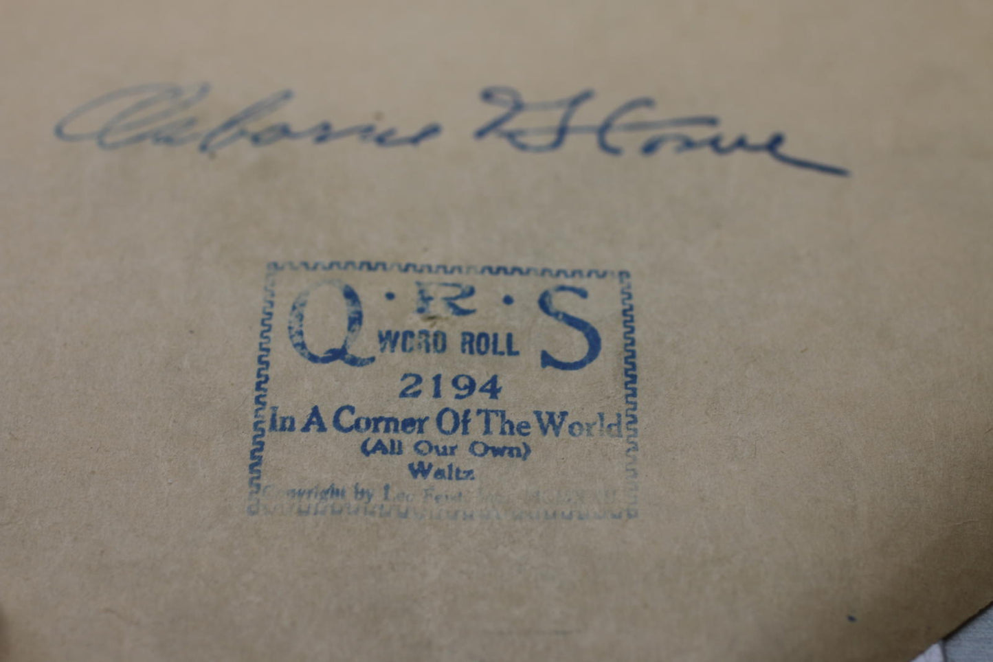 QRS Player Piano Word Roll 2194 In A Corner Of The World Waltz w/ Box