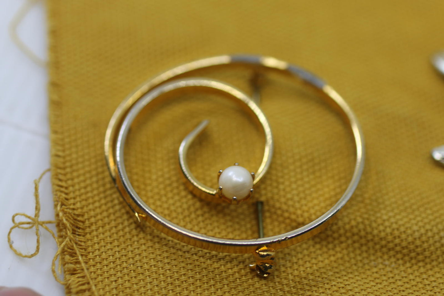 Vintage Gold Tone Spiral Brooch Faux Pearl Minimalist Design