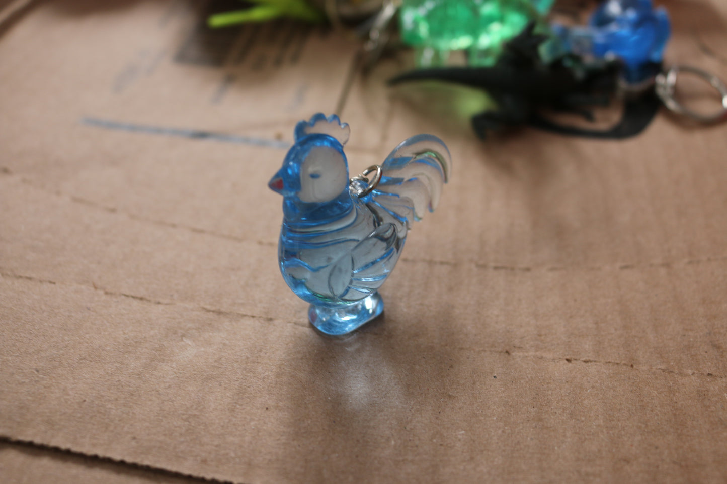 Vintage Clear blue Plastic animal coq rooster Key Chain