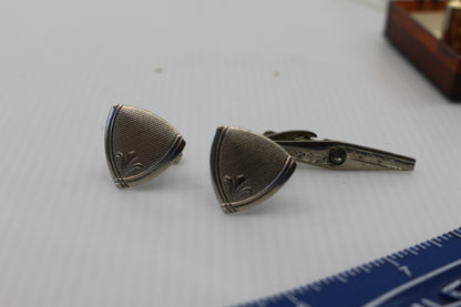 Vintage Silver Cufflinks triangle with logo + Tie clip with black stones rare