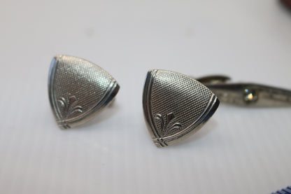 Vintage Silver Cufflinks triangle with logo + Tie clip with black stones rare