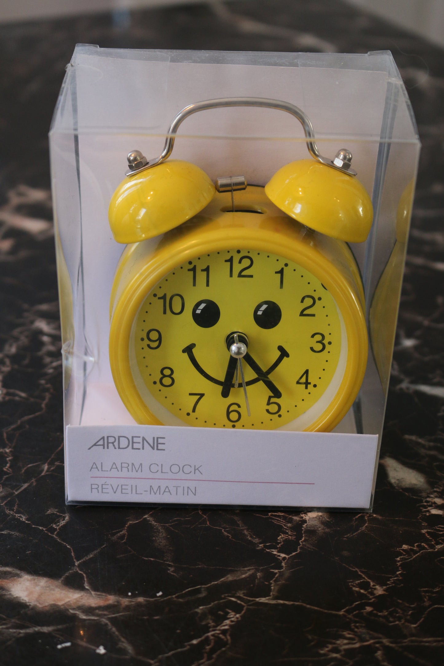 Ardene alarm clock yellow smiley twin bell in original box