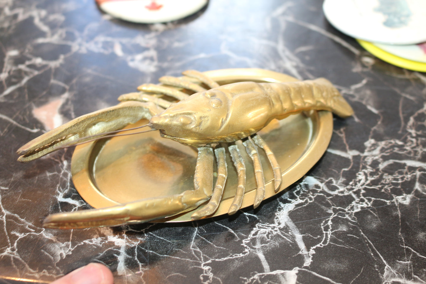 Lobster Lobster Shrimp Ocean Sea Brass Metal Animal Figurine Statue w/plate