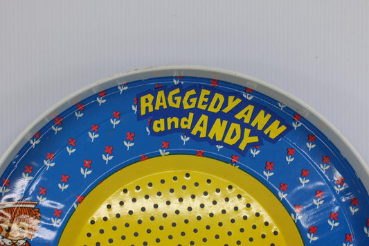 Vintage Raggedy Ann and Andy Metal Sifter with Red Plastic Shovel