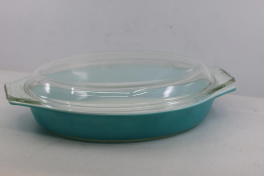 Vintage Pyrex 1.5 Qt Turquoise Blue Oval Casserole Dish WITH Lid USA Mid Century