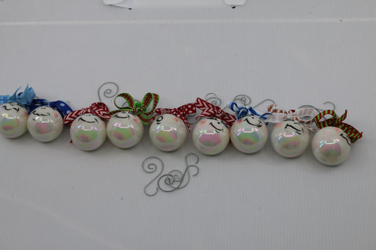 Snowball smiley face Ornaments ( Set of 9 )! Custom Decorated Glass WOW!