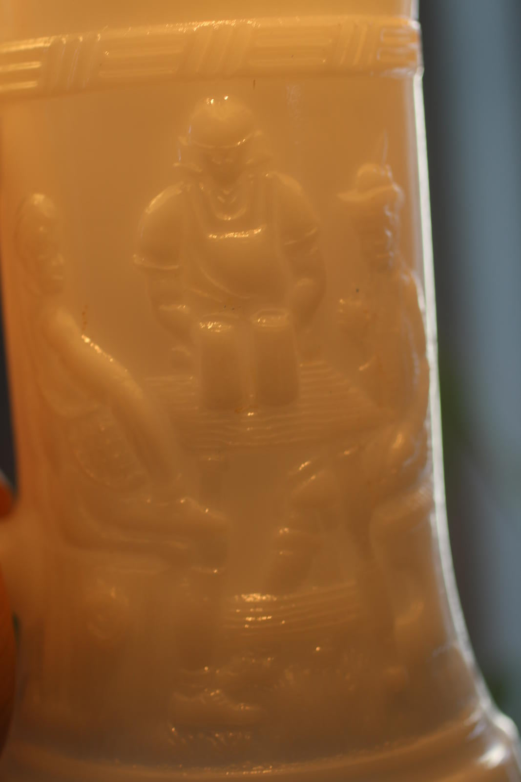 Vintage Beer Stein Mug Tavern Scene White Milk Glass Federal Barware