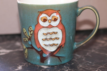 Vintage Owl Ceramic Mug – Mid-Century Style Stoneware Cup, Green Glaze