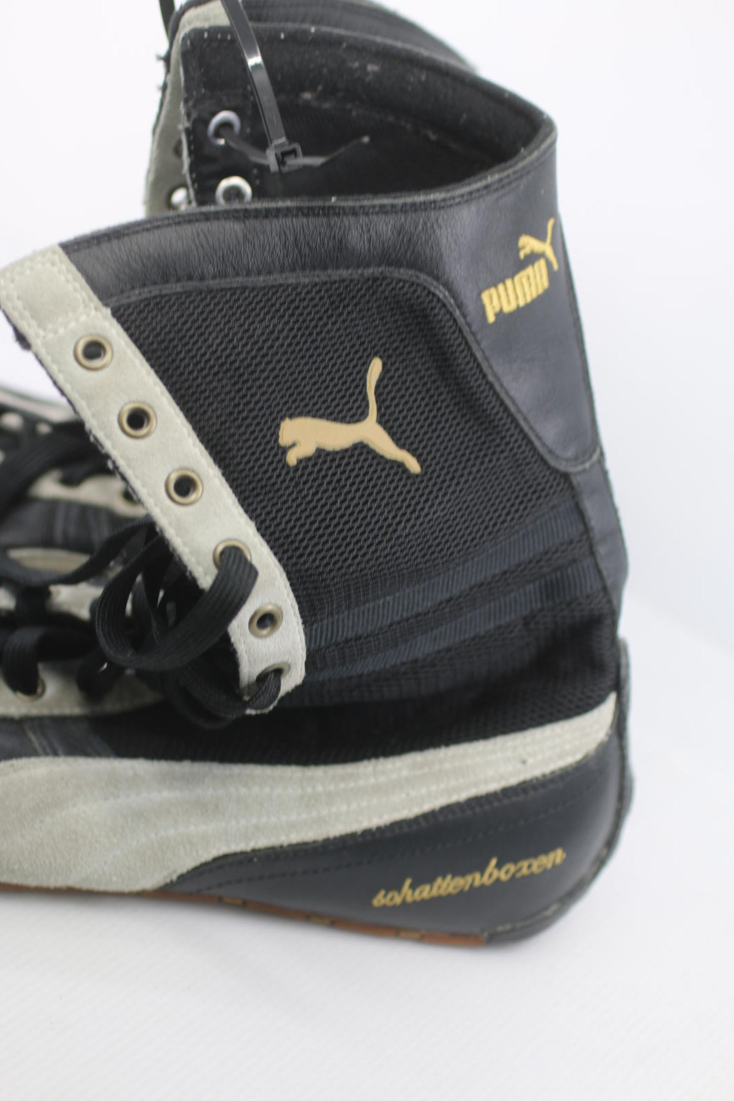 PUMA High Top Boxing Shoes Black White Gold Sole Size 10.5