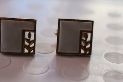 Men's Vintage Cufflinks Set Square White Mother of Pearl wheat leaf