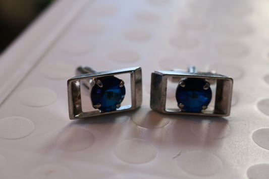 Men's Vintage Blue Stone Silver Tone Rectangle Cufflinks set