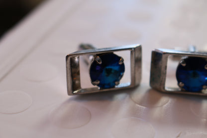 Men's Vintage Blue Stone Silver Tone Rectangle Cufflinks set