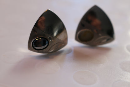 Men's Vintage Cufflinks Set curved silver triangle with black stone