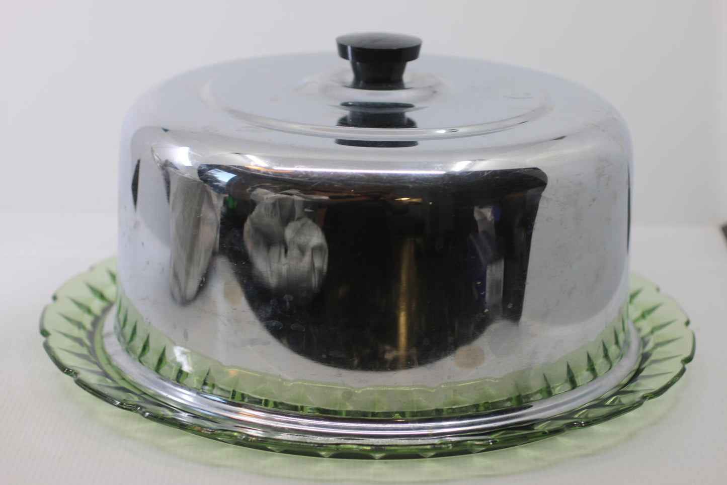 Vintage Uranium Depression Glass Cake Stand Plate Green Vaseline Glows Under UV