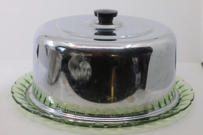 Vintage Uranium Depression Glass Cake Stand Plate Green Vaseline Glows Under UV