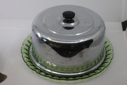 Vintage Uranium Depression Glass Cake Stand Plate Green Vaseline Glows Under UV