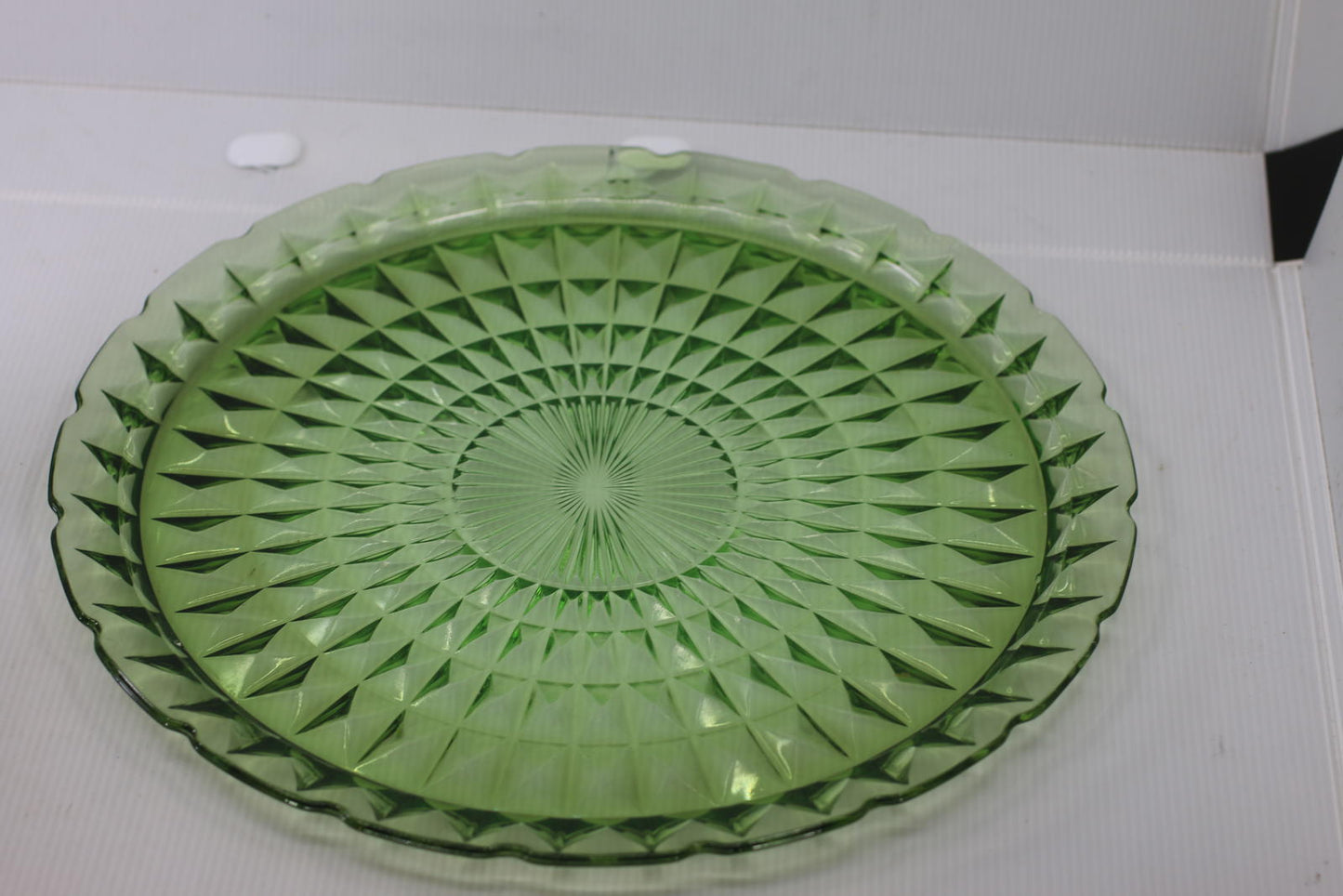 Vintage Uranium Depression Glass Cake Stand Plate Green Vaseline Glows Under UV