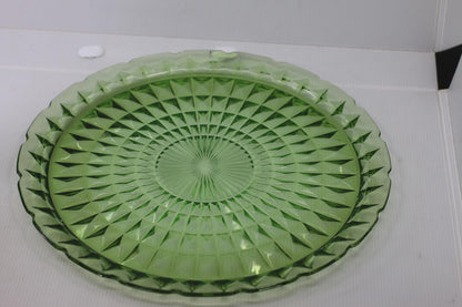 Vintage Uranium Depression Glass Cake Stand Plate Green Vaseline Glows Under UV