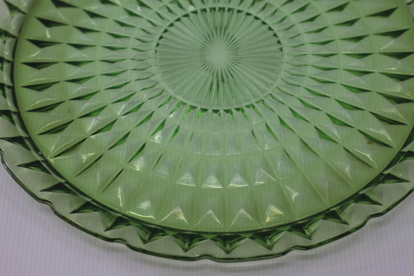 Vintage Uranium Depression Glass Cake Stand Plate Green Vaseline Glows Under UV