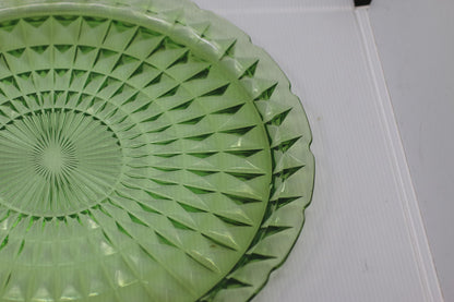 Vintage Uranium Depression Glass Cake Stand Plate Green Vaseline Glows Under UV