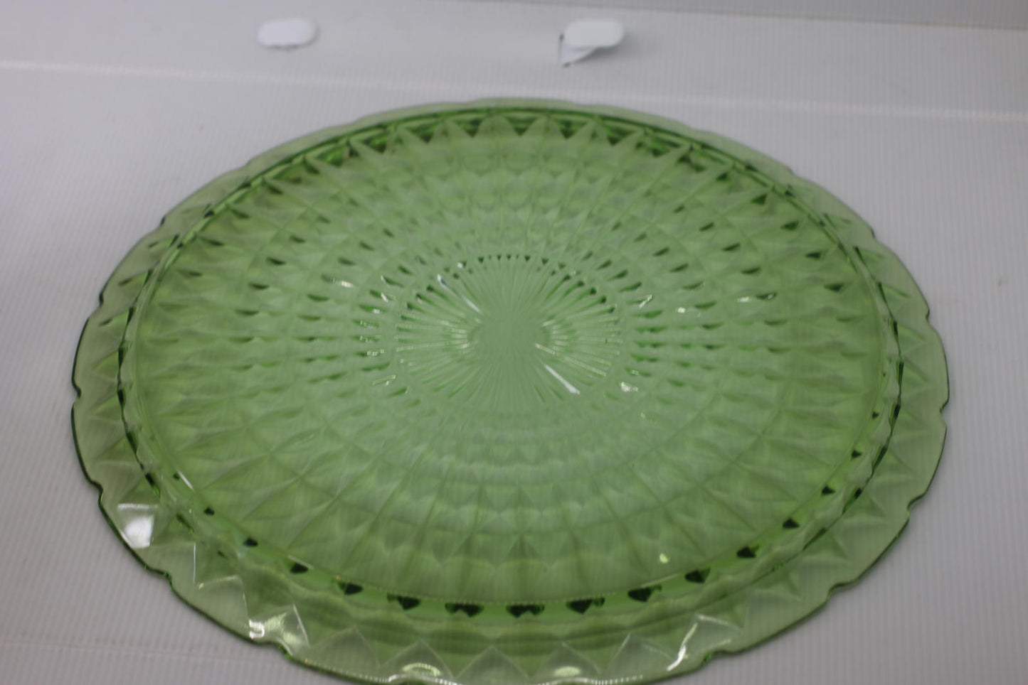 Vintage Uranium Depression Glass Cake Stand Plate Green Vaseline Glows Under UV