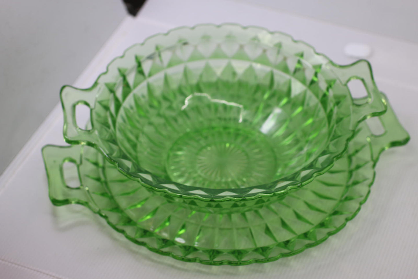 Vintage Uranium Glass Serving Bowl Set w/ Handles & Matching Underplate Diamond