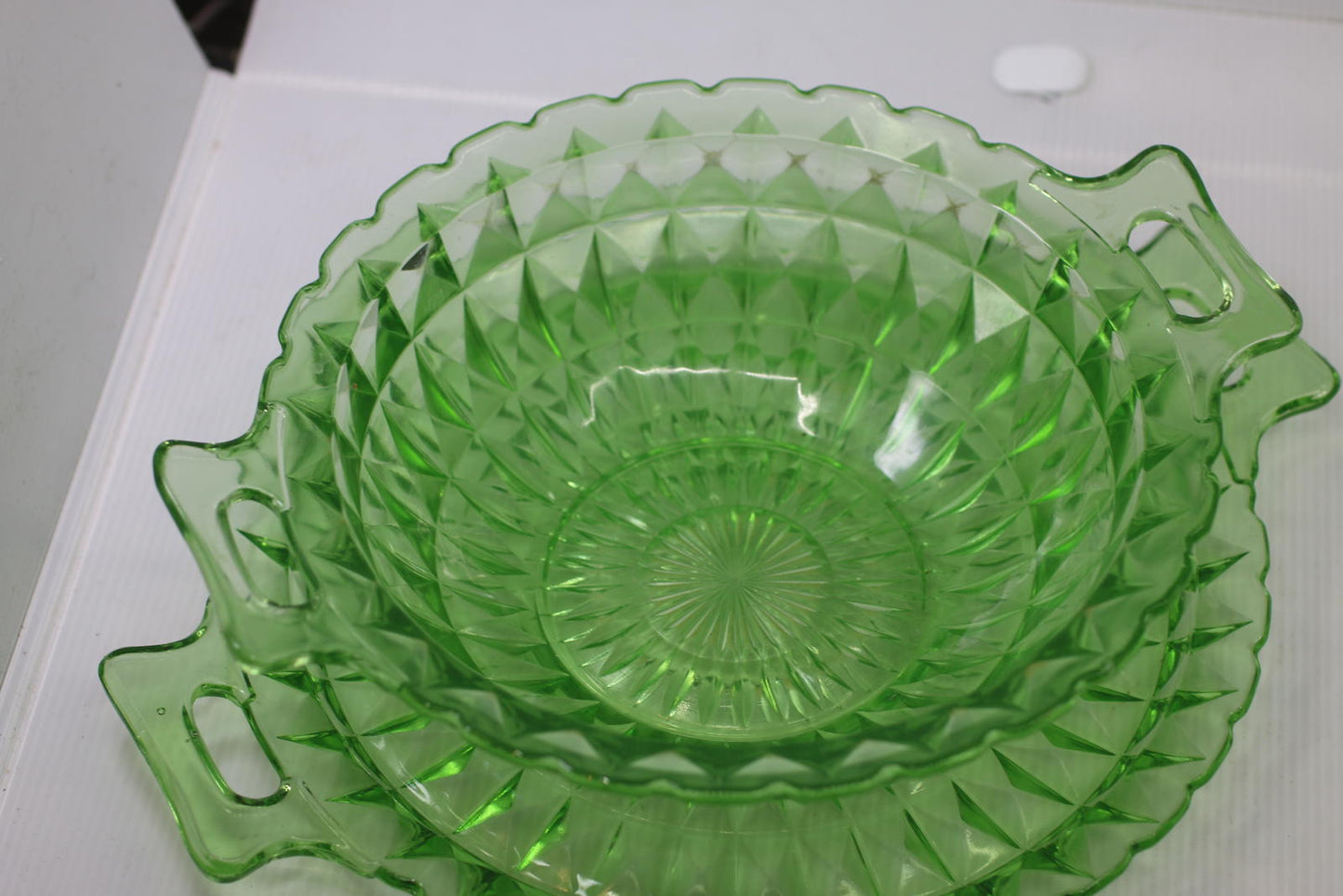 Vintage Uranium Glass Serving Bowl Set w/ Handles & Matching Underplate Diamond