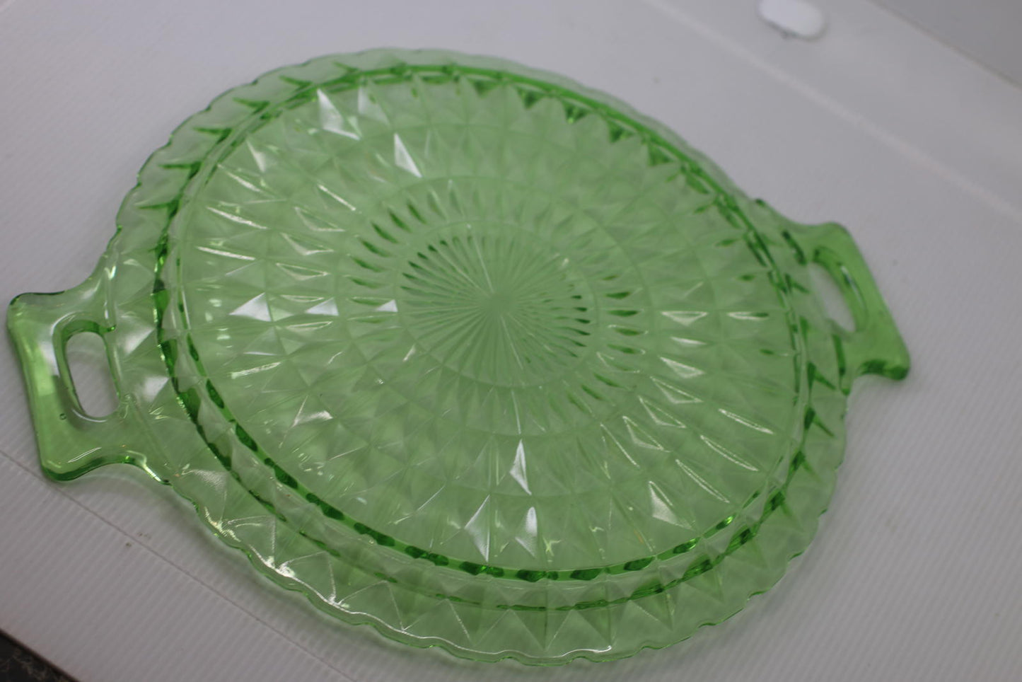 Vintage Uranium Glass Serving Bowl Set w/ Handles & Matching Underplate Diamond