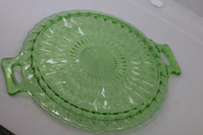 Vintage Uranium Glass Serving Bowl Set w/ Handles & Matching Underplate Diamond