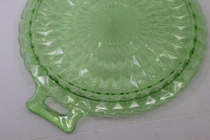 Vintage Uranium Glass Serving Bowl Set w/ Handles & Matching Underplate Diamond