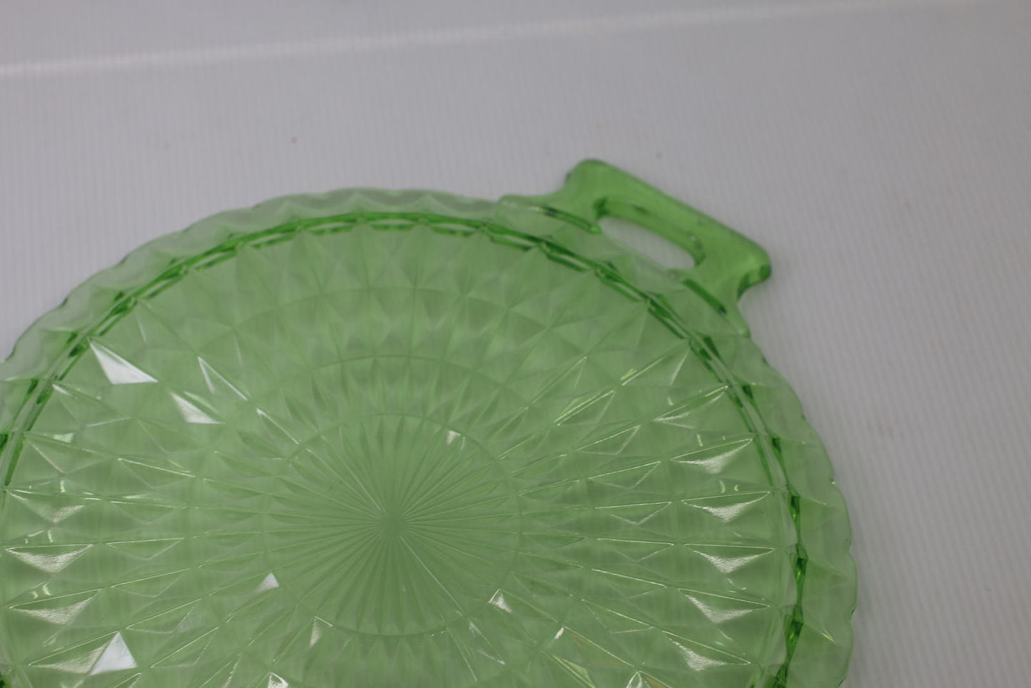 Vintage Uranium Glass Serving Bowl Set w/ Handles & Matching Underplate Diamond
