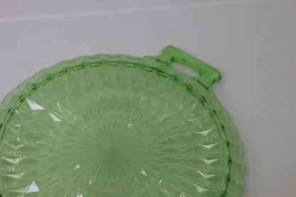 Vintage Uranium Glass Serving Bowl Set w/ Handles & Matching Underplate Diamond