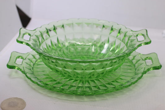 Vintage Uranium Glass Serving Bowl Set w/ Handles & Matching Underplate Diamond