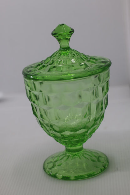 Vintage Green Pressed Glass Pedestal Candy Dish with Lid – Diamond Pattern