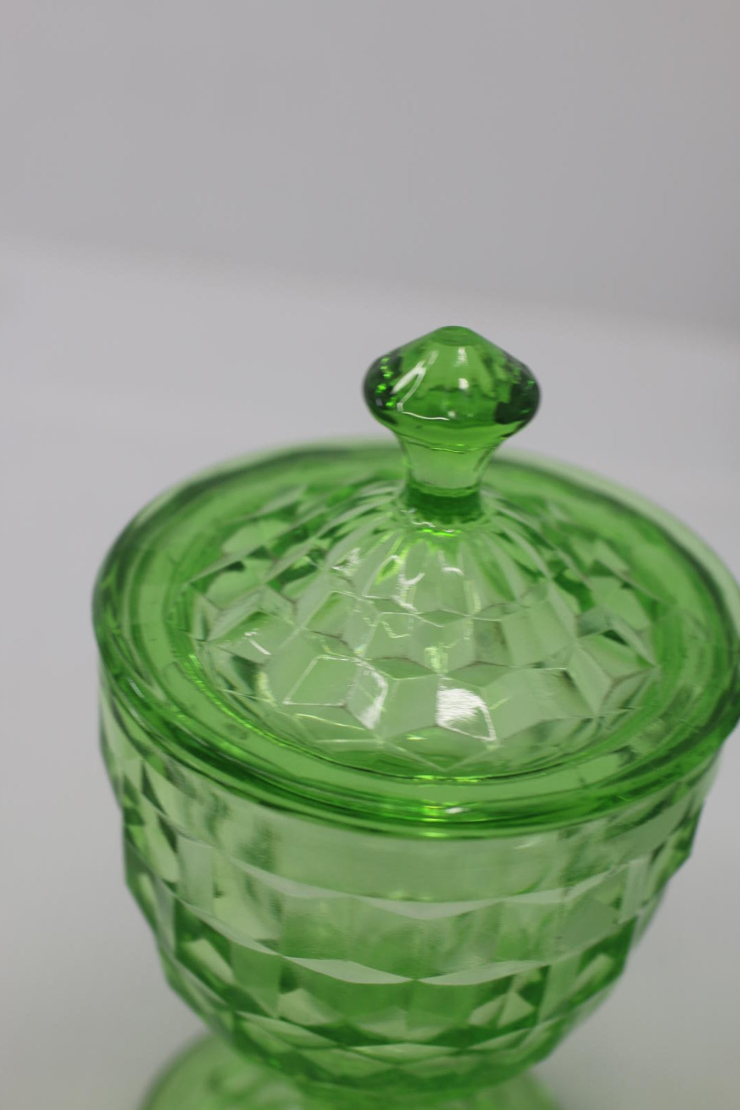 Vintage Green Pressed Glass Pedestal Candy Dish with Lid – Diamond Pattern