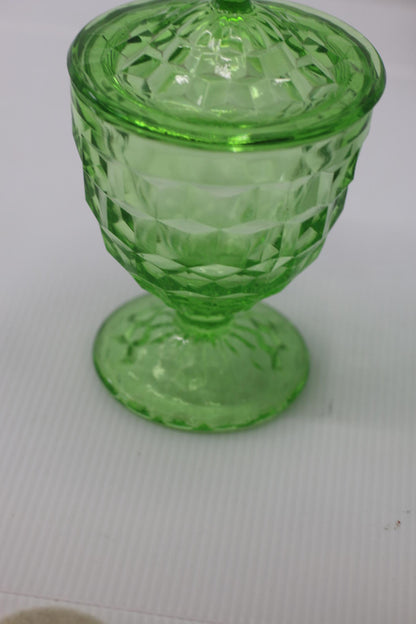 Vintage Green Pressed Glass Pedestal Candy Dish with Lid – Diamond Pattern