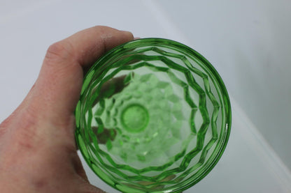 Vintage Green Pressed Glass Pedestal Candy Dish with Lid – Diamond Pattern