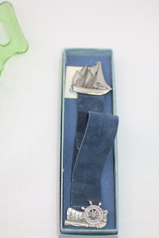 Seagull Pewter 1991 Nautical Bookmark – Sailboat & Ship Wheel – Made in Canada