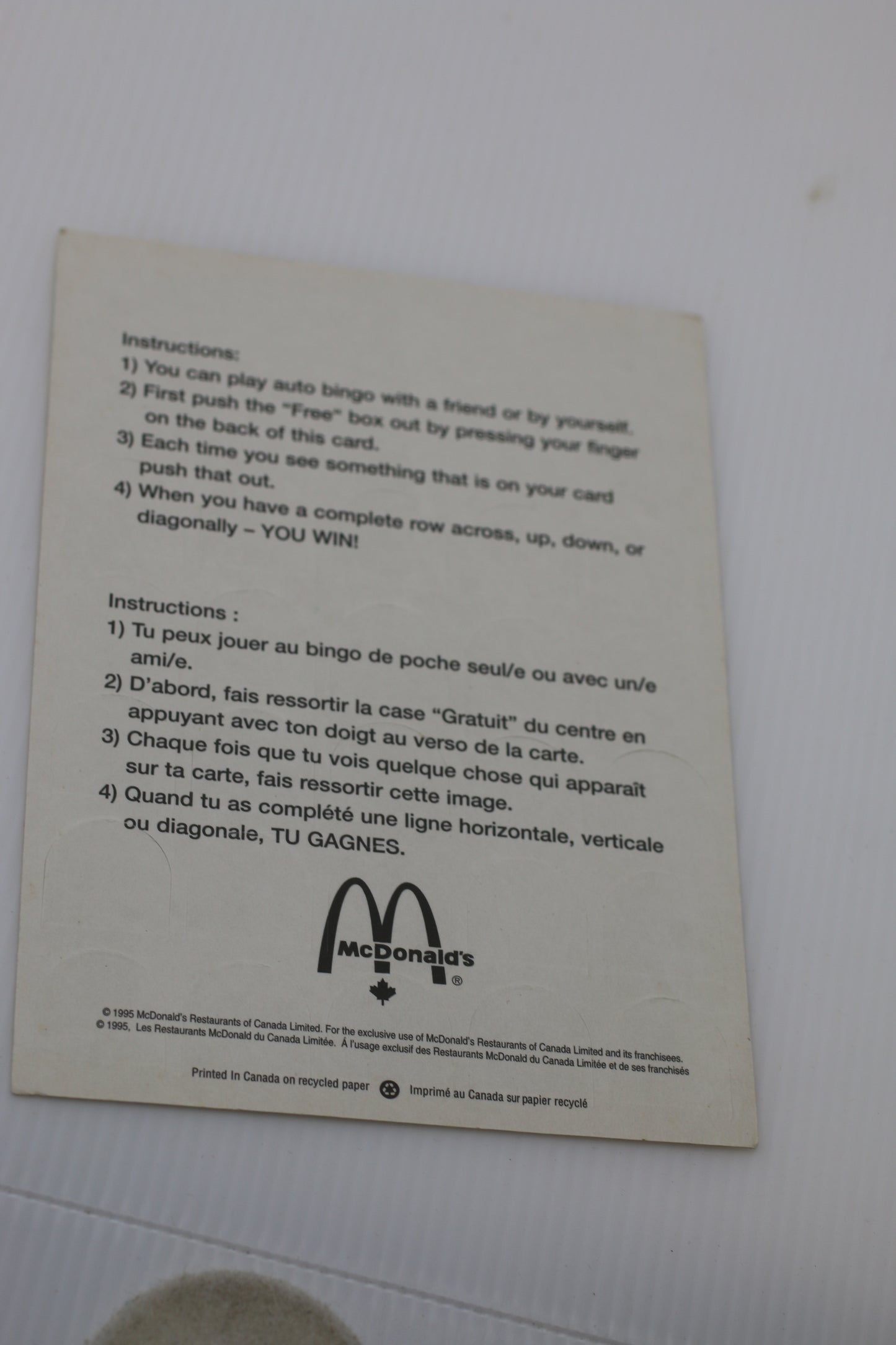 Vintage 1980s McDonalds Paper Happy Meal Treat of the Week Auto Bingo New