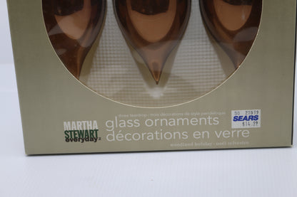 three Martha Stewart everyday Glass woodland Ornaments teardrop in box Gold