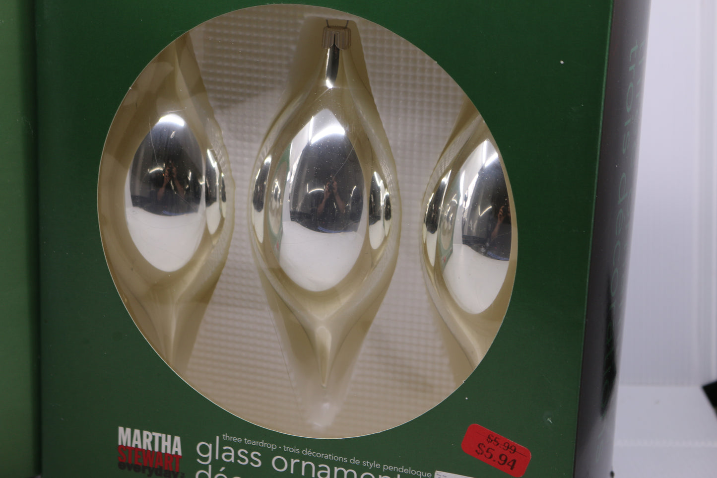Six Martha Stewart everyday Glass woodland Ornaments teardrop in box Silver