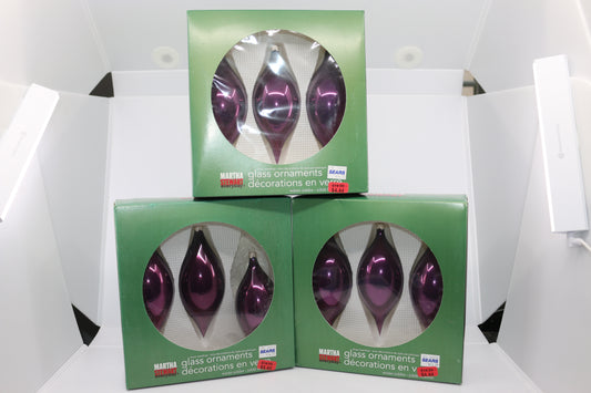 Nine Martha Stewart everyday Glass woodland Ornaments teardrop in box Purple